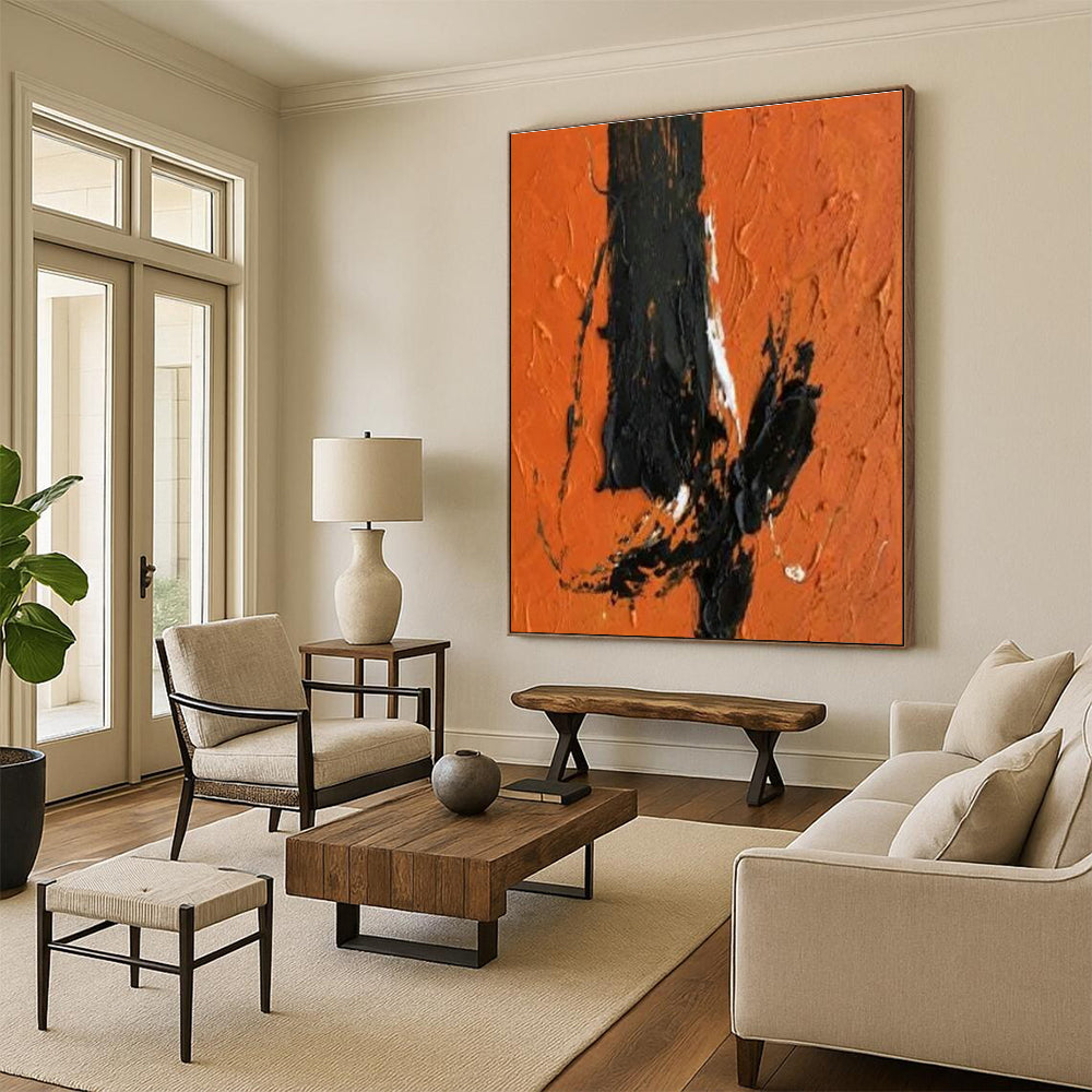 “Orange - Black Gestural” - Orange, Black Abstract Expressionist Painting PS0604
