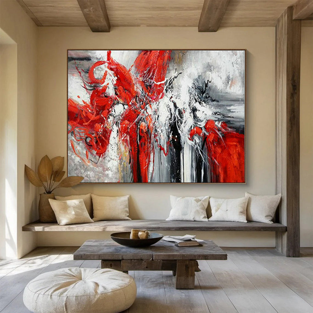 “Red - White Abstract Energy Burst” - Expressive Oil Painting on Canvas PT1485