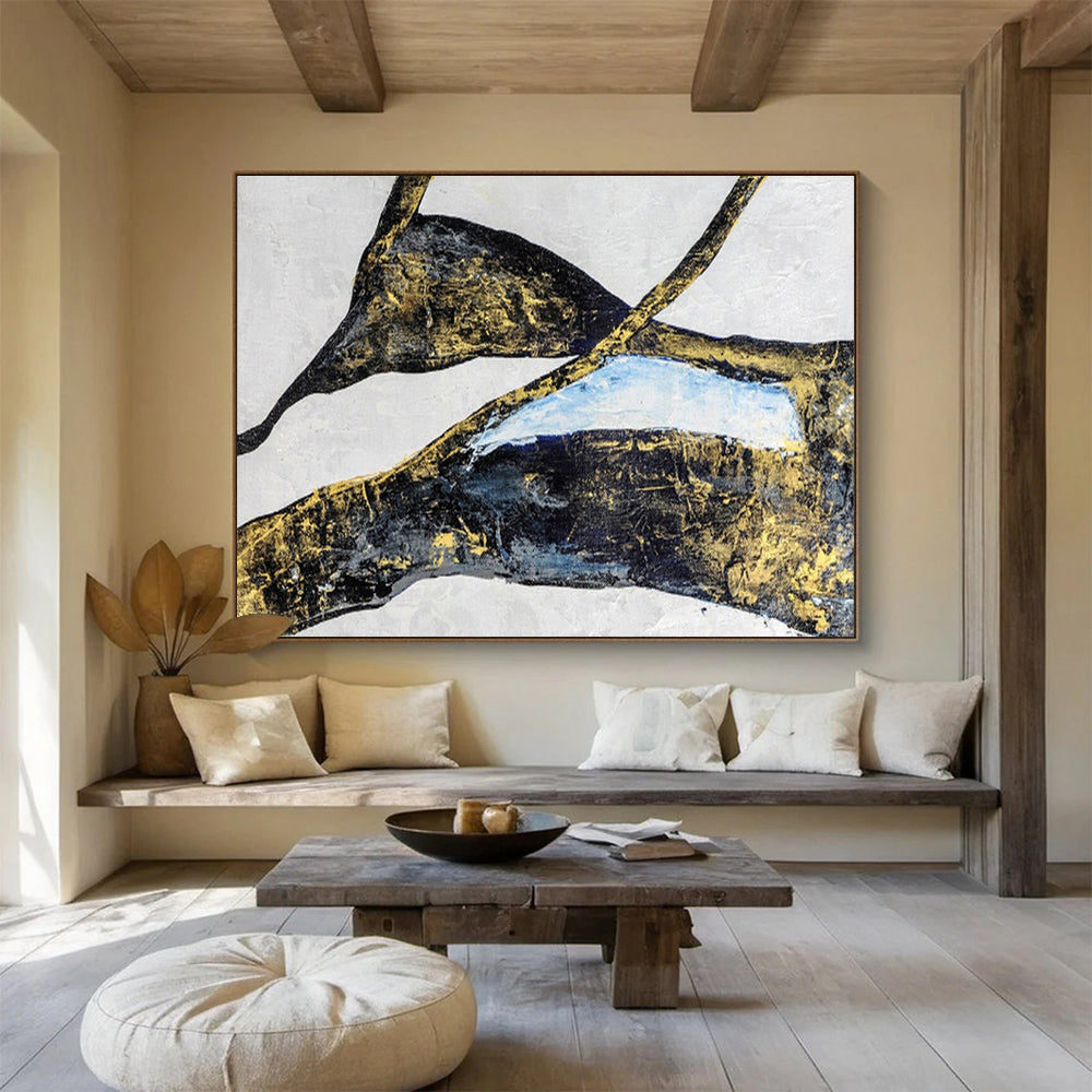 Black, Gold & Blue Abstract Shapes Painting On Canvas DKS011
