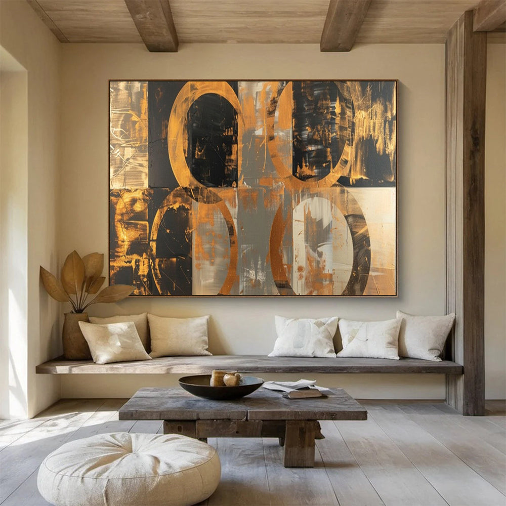 “Black - Gold Circles & Gray Background” - Abstract Geometric - Painting On Canvas PT1716