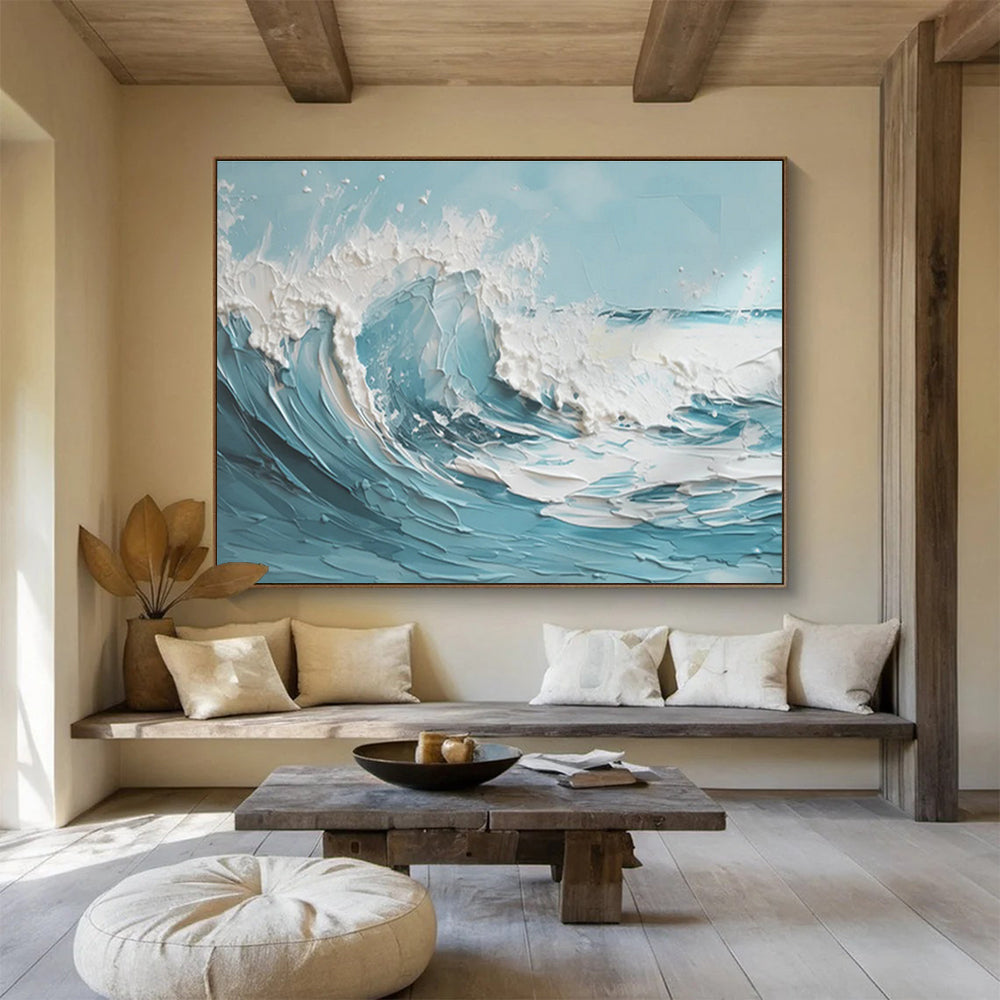 Blue & White Impasto Wave Abstract Painting On Canvas DKS042