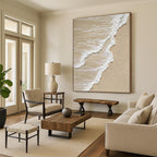 “Sandy Beach Waves” - Beige, White Abstract Seascape Painting On Canvas PS0662