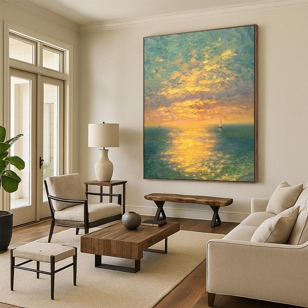 “Vibrant Sunset Sea with Sailboats” - Landscape Painting On Canvas PT2070