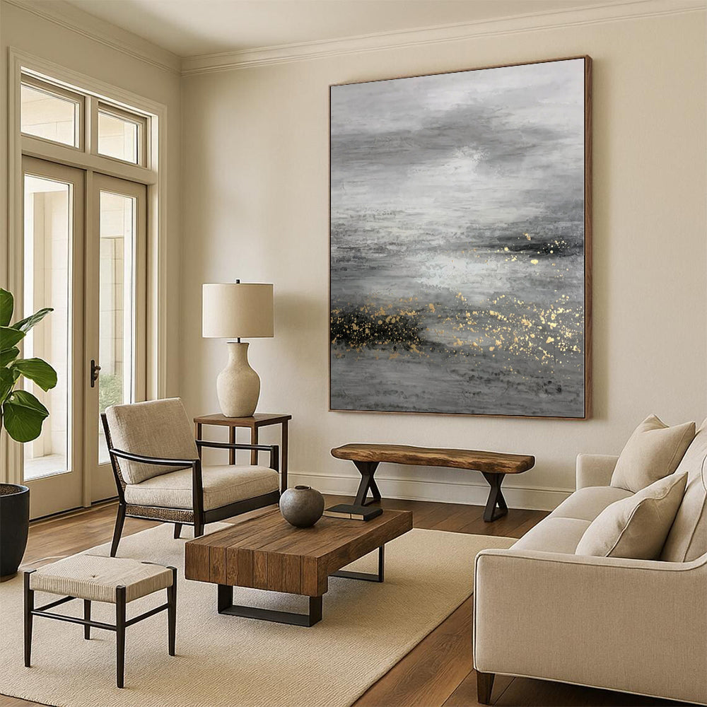 “Grey - Gold Abstract Misty Landscape” - Ethereal Landscape Painting On Canvas PS0345