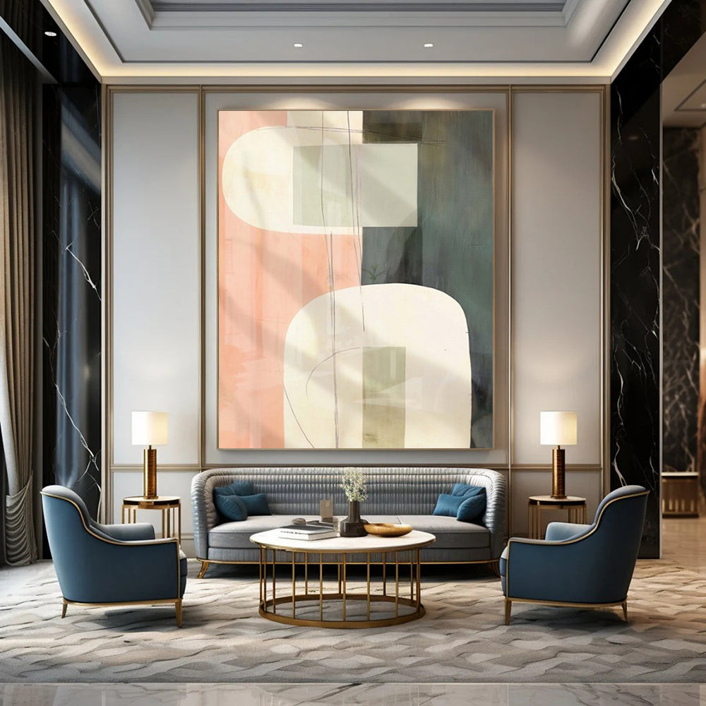 Peach, Gray, White, and Green Shapes "Gentle Geometry" Abstract Geometric Painting On Canvas PS1048