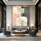 Peach, Gray, White, and Green Shapes "Gentle Geometry" Abstract Geometric Painting On Canvas PS1048