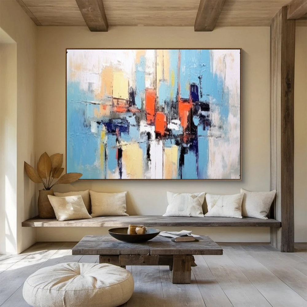 “Blue - Orange Abstract Harbor” - Coastal Hues “Marina Melody” Painting On Canvas PT1646