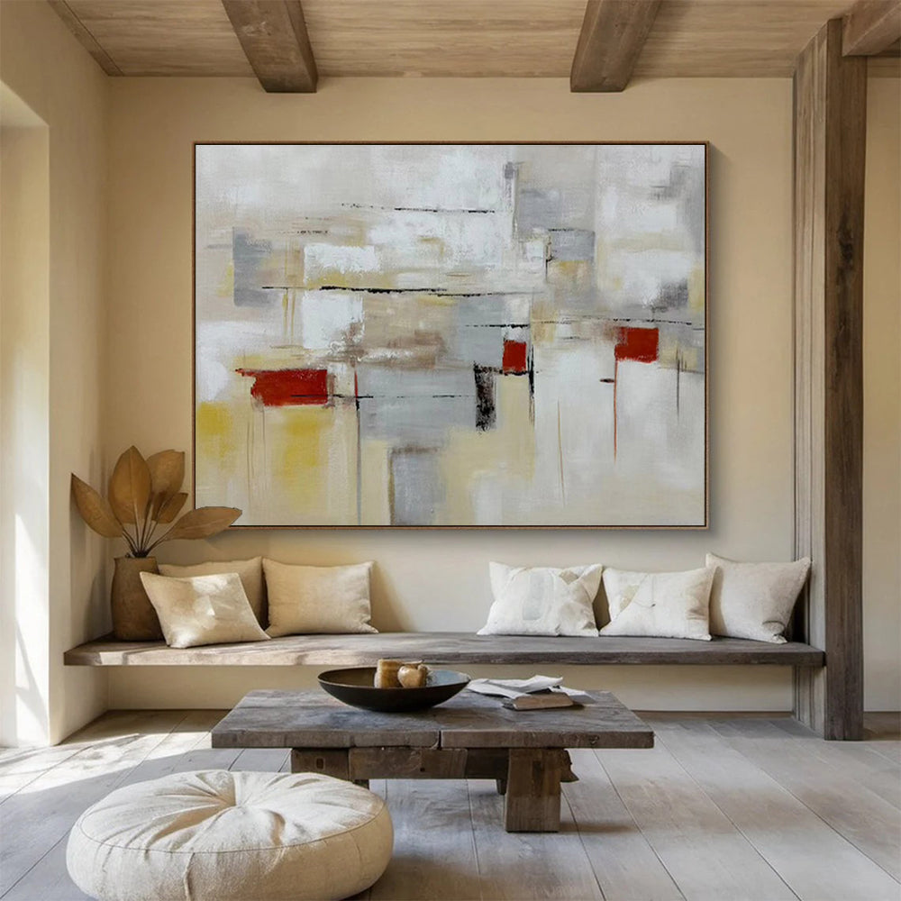 “Neutral - Toned Abstract City” - Gray, Yellow & Red Abstract, Urban - Inspired Oil Painting On Canvas DKS750