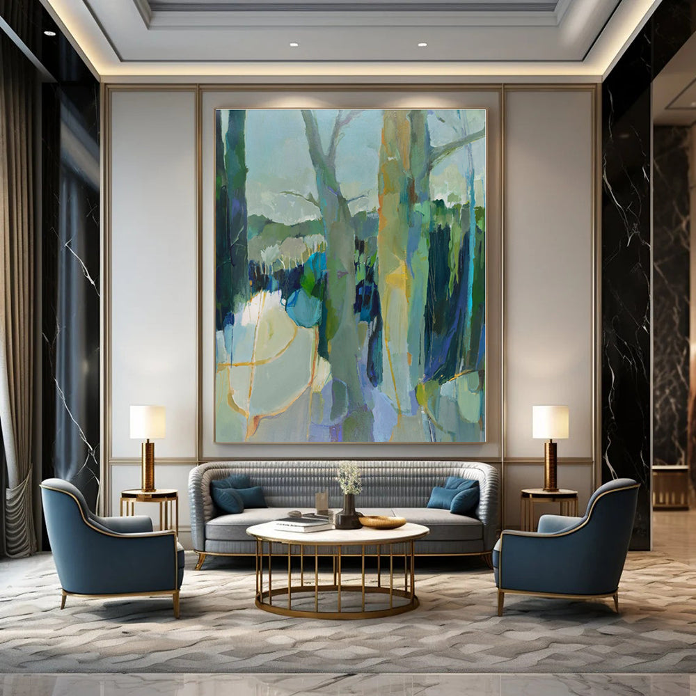 Green, Blue, Gray with Abstract Trees "Forest Reverie" Abstract Painting On Canvas PS1307