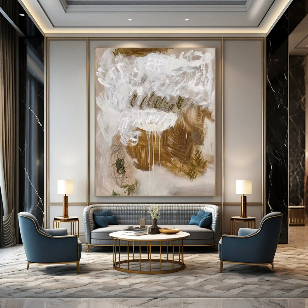Abstract White and Brown "Expressive Drips" Abstract Expressionist Painting On Canvas PS1085