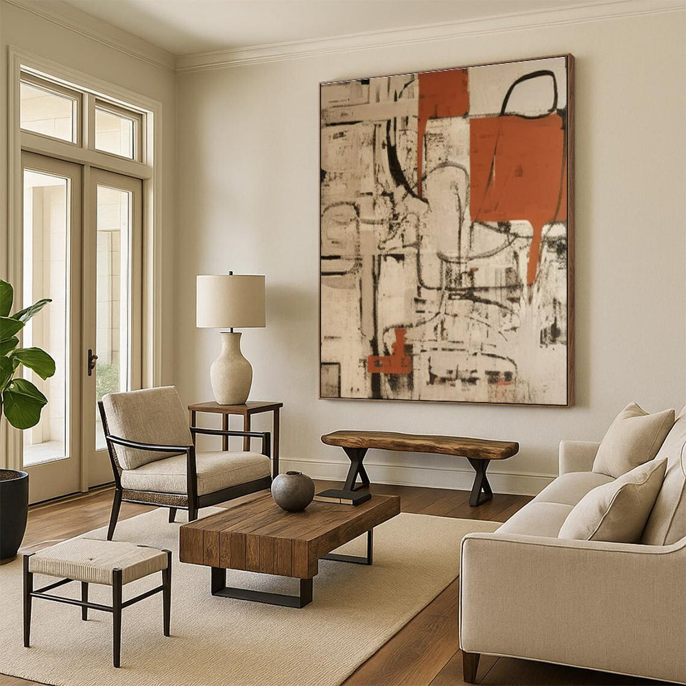 “Beige - Black - Orange Abstract Geometric Web” Painting On Canvas PS0835