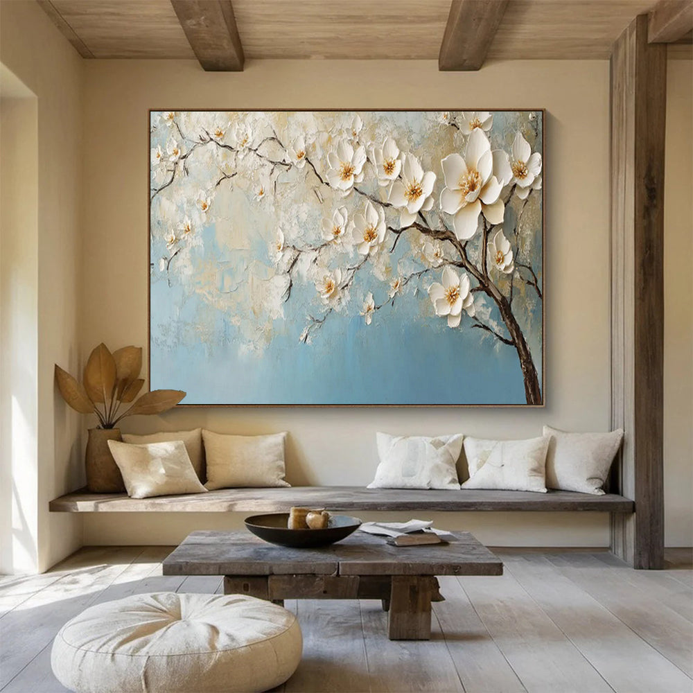 Blossom Serenity - 3D Textured Floral Oil Painting, Ideal for Bedroom & Spa DKS671
