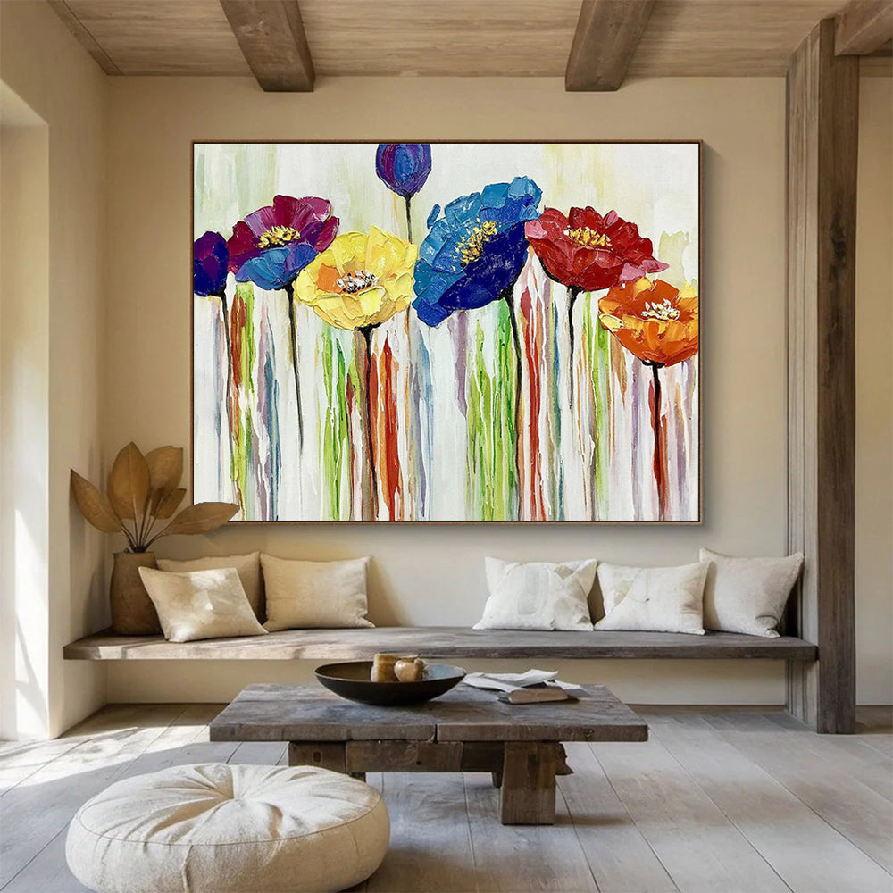 “Colorful Impasto Flowers” - Purple, Blue & Yellow Floral, Impasto Oil Painting On Canvas DKS783