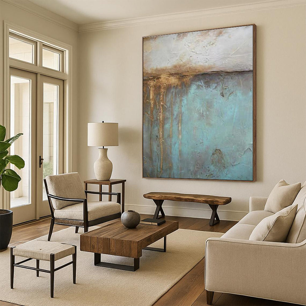 “Rustic Blue - Brown” - Blue, Brown, Beige Abstract Textured Painting On Canvas PS0629