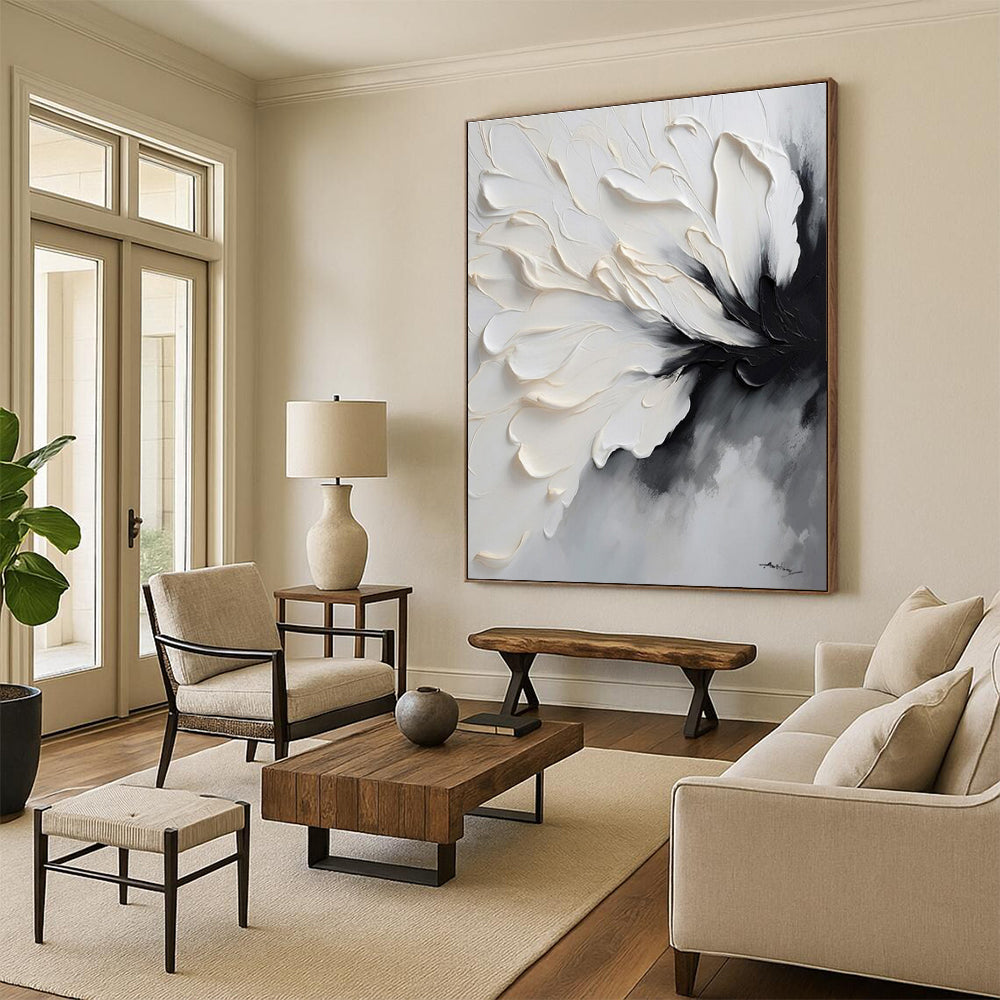 “Monochrome Floral Impasto” - White, Gray, Black Textured Floral Painting On Canvas PS0768