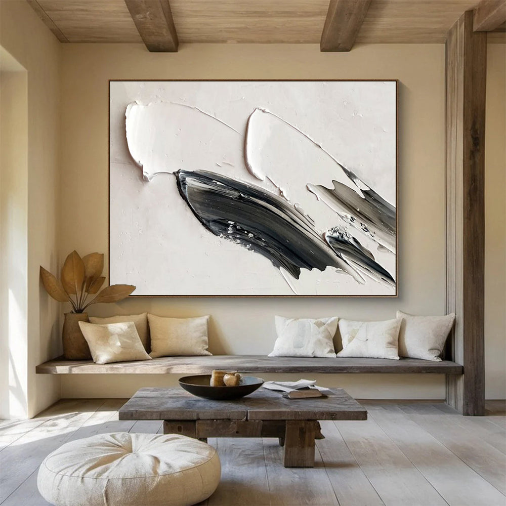 “Black - White Textured Strokes” - Minimalist Oil Painting on Canvas DKS908