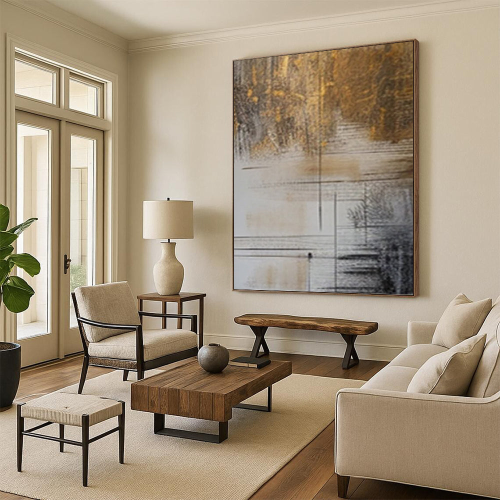 “Brown, Gold and White Linear Abstract” - Luxe Modernist Painting On Canvas PT0980