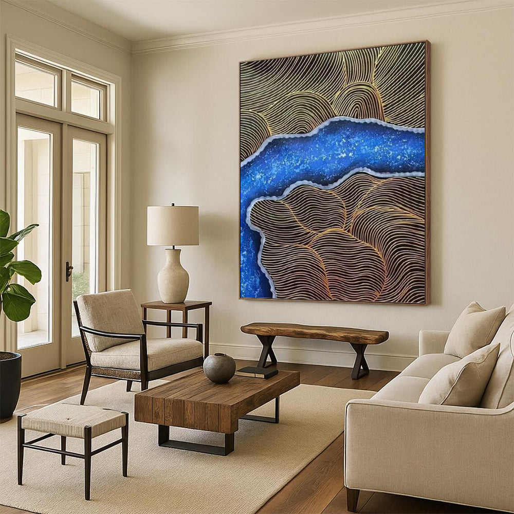 “Blue - Gold Line Abstract” - Abstract Painting On Canvas PT1345