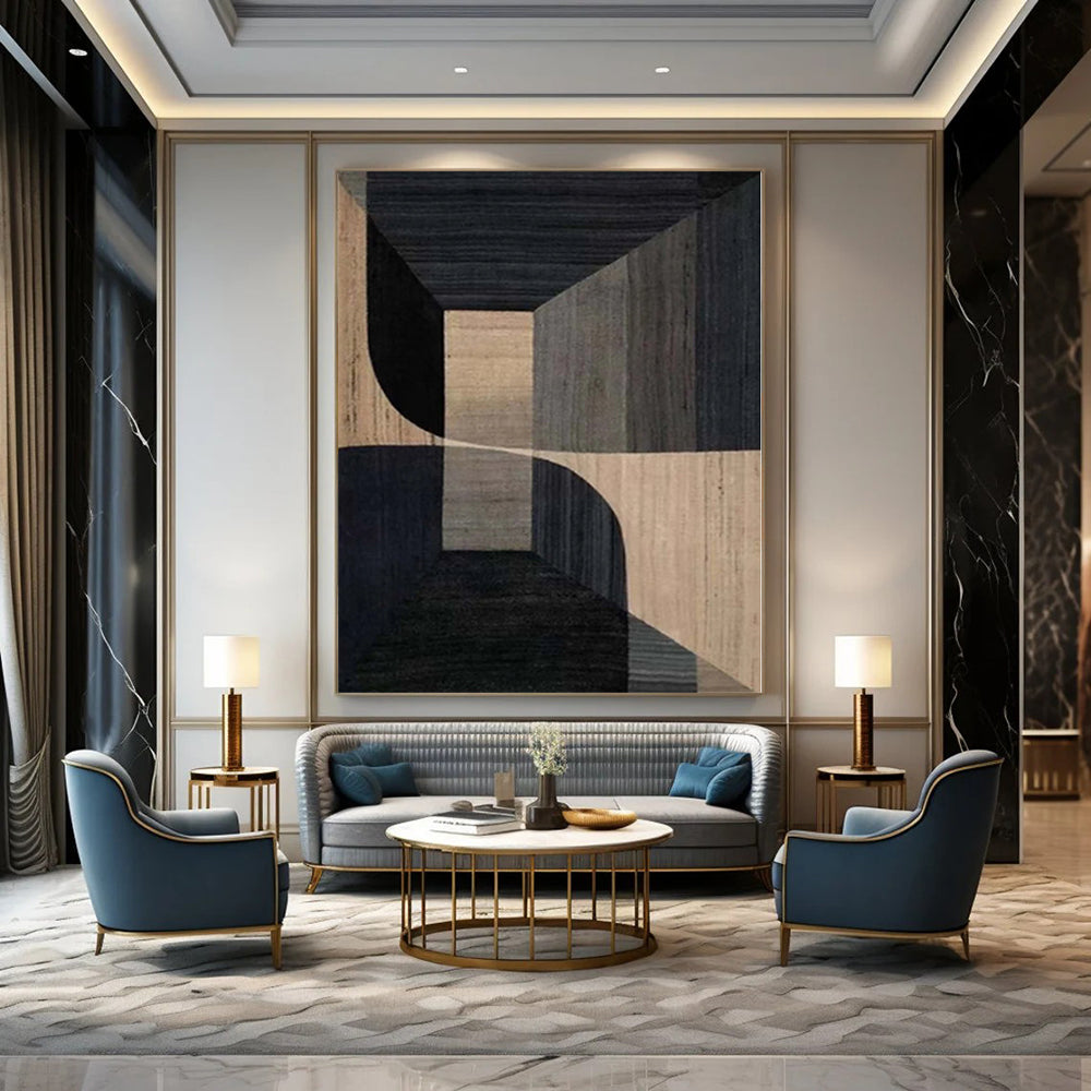 “Black - Beige Geometric Architectural” - Modern Abstract Painting On Canvas PS0136