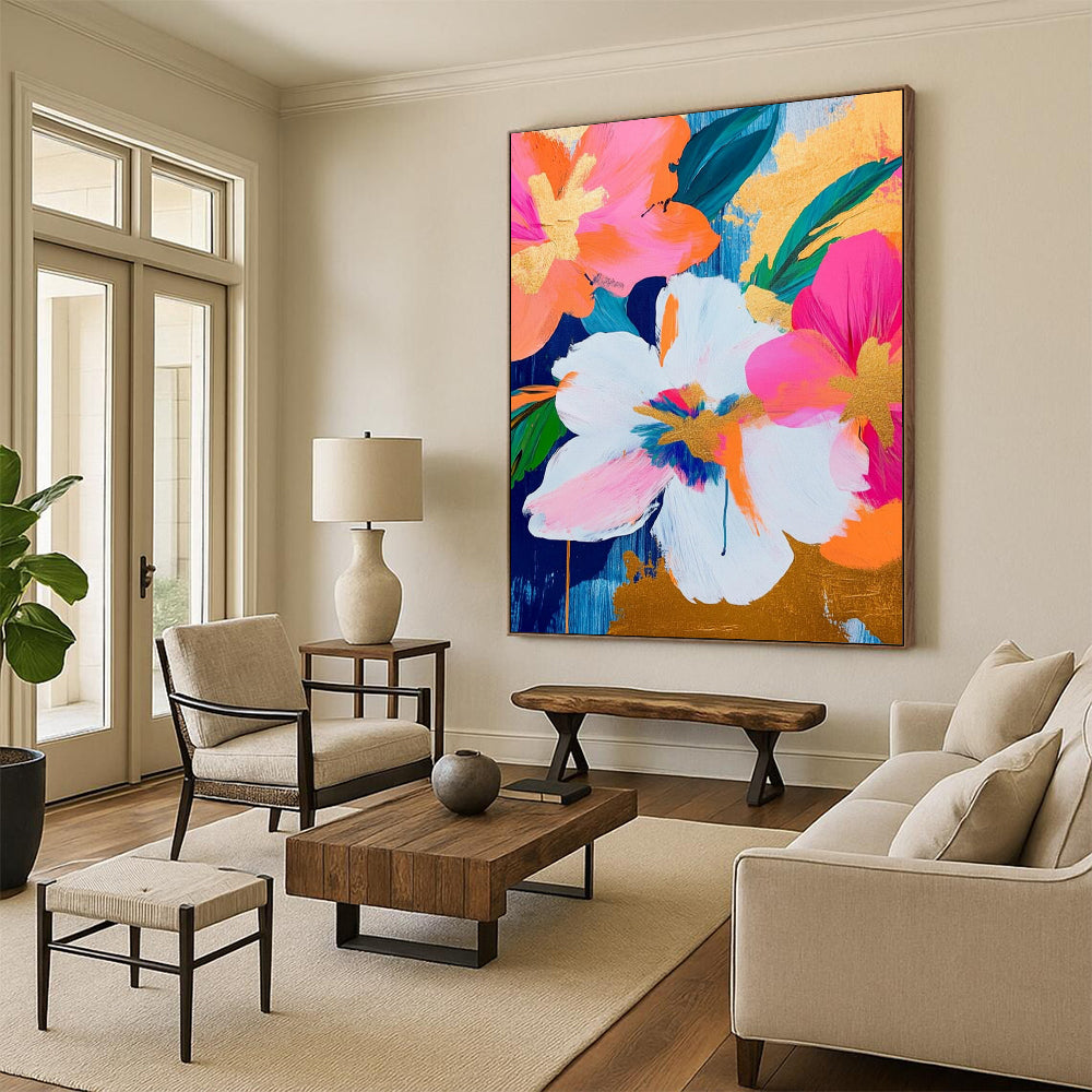 “Pink, Orange & Gold Floral” - Bold Floral Abstract Painting On Canvas DS284