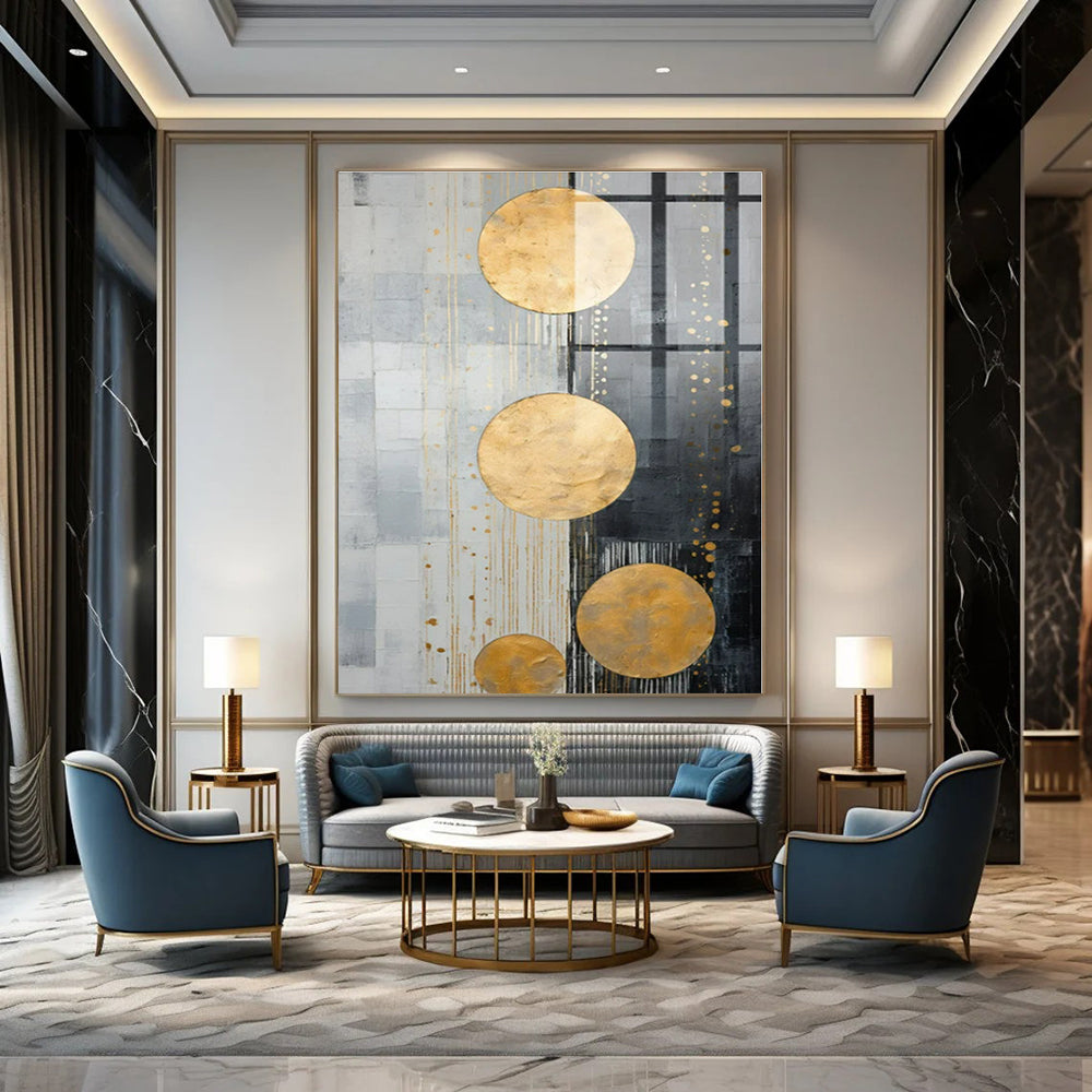 Gold Circles on Gray Abstract - Geometric Metallic Abstract Painting On Canvas PS1241
