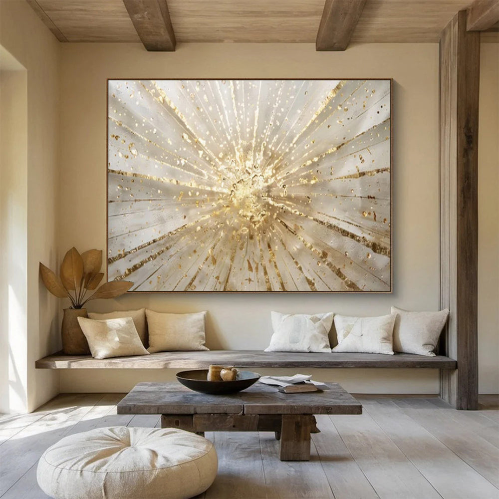 “Gold - White Burst” - Radiant Gold “Solar Flare” Painting On Canvas PT1615