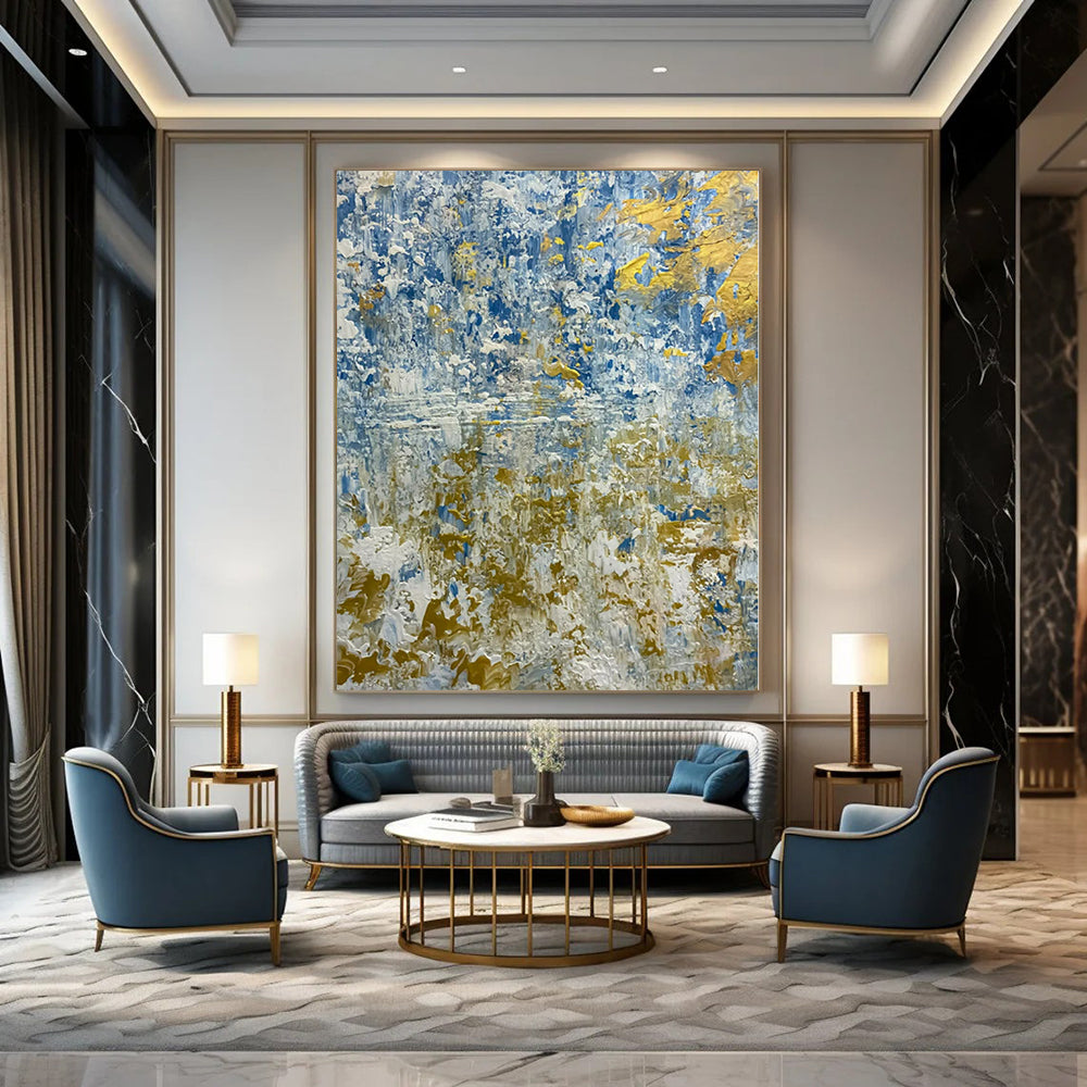 Blue and Gold Textured Blend - Abstract Impasto Waves Painting On Canvas PS1224