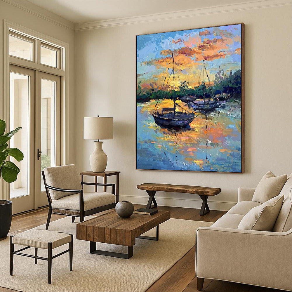 “Colorful Sunset Harbor Boats” - Impressionist Maritime Painting On Canvas PT1882