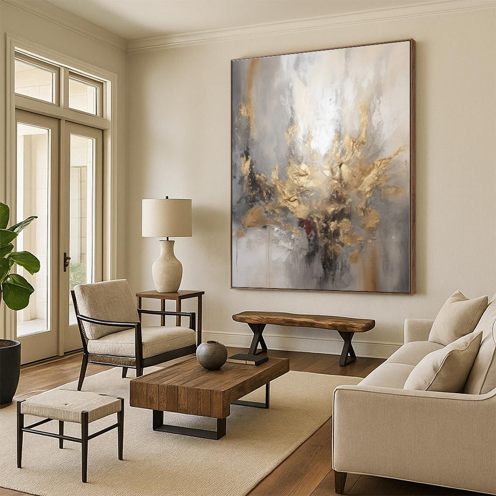 “Gray - Gold - Red Expressive Abstraction” - Gray, Gold, Red Abstract Painting On Canvas PS0540