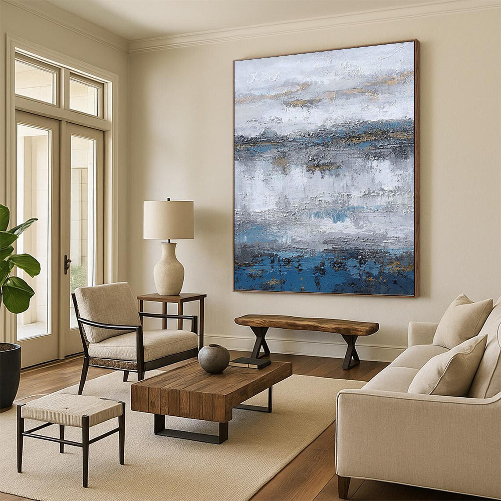 “Blue - Grey - Gold Abstract Layers” - Textured Abstract Painting On Canvas PT1226