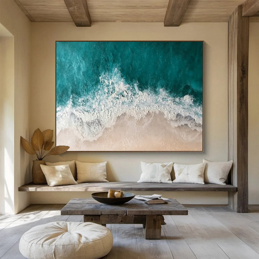 “Aerial Beach Waves” - Turquoise, White & Beige Coastal, Abstract Aerial Painting On Canvas DKS699