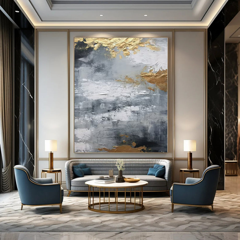 Gray, Gold, White with Textured Abstract "Textured Gilding" Abstract Painting On Canvas PS1261