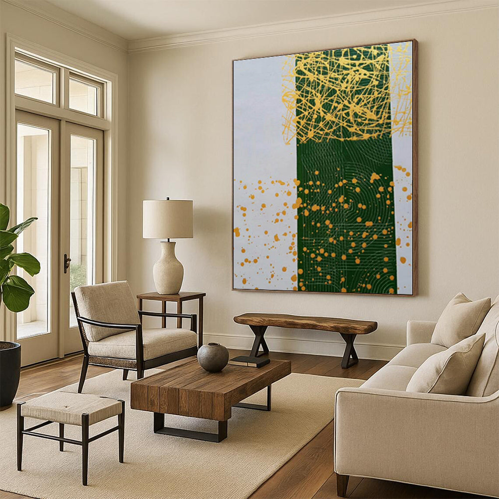 “Green - Yellow Splatter Geometry” - Green, Yellow Abstract Painting On Canvas PS0476