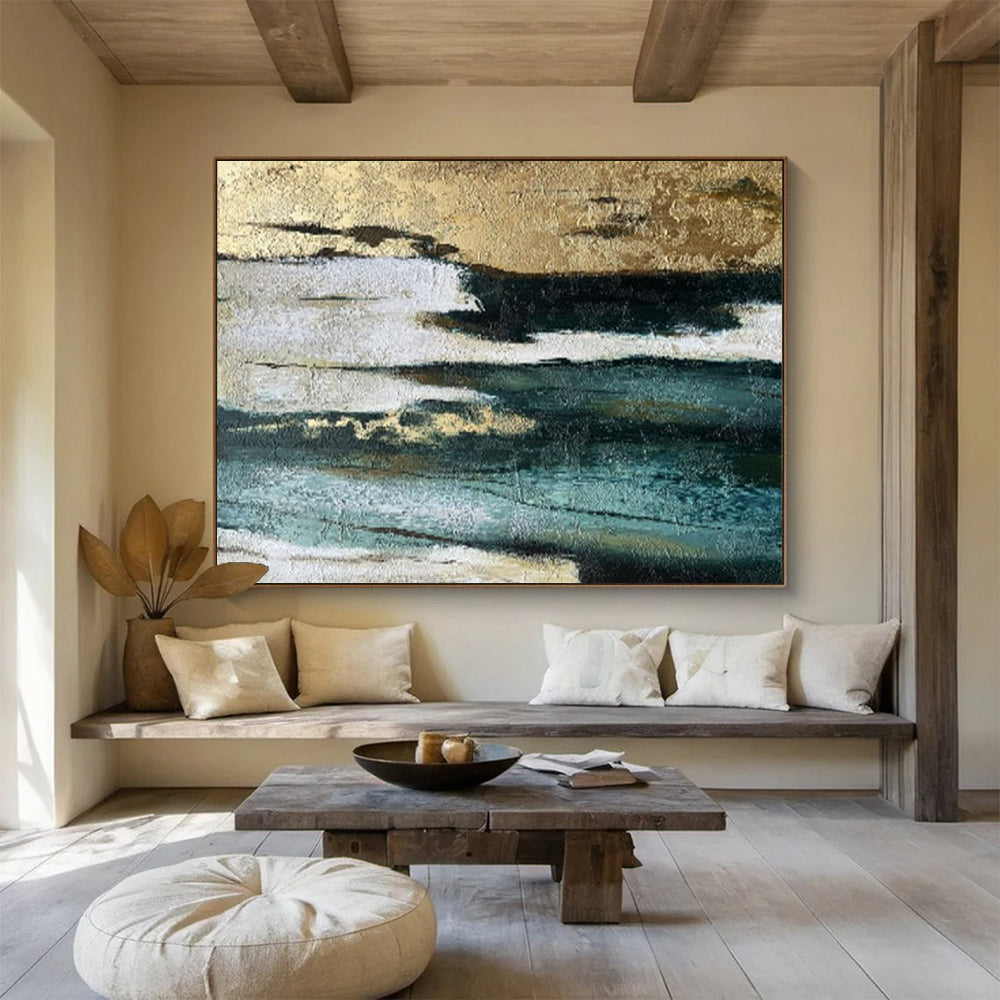 “Gold - Teal - White Textures” - Metallic Accents “Gilded Tide” Painting On Canvas PT1633