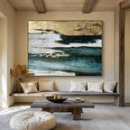 “Gold - Teal - White Textures” - Metallic Accents “Gilded Tide” Painting On Canvas PT1633