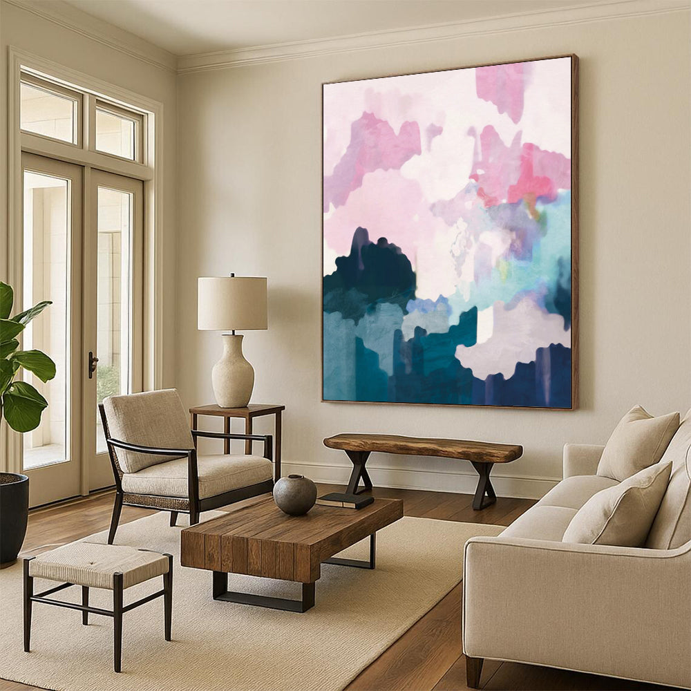 “Pastel - Hued Abstract Landscape” - Pink, Purple & Blue Soft Forms Painting On Canvas DS235