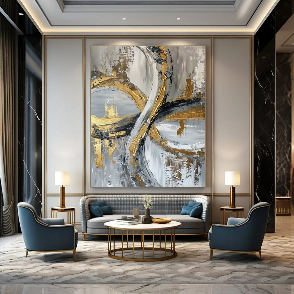 Gold and Gray Intertwined Rings - Textured Abstract Painting On Canvas PS1251