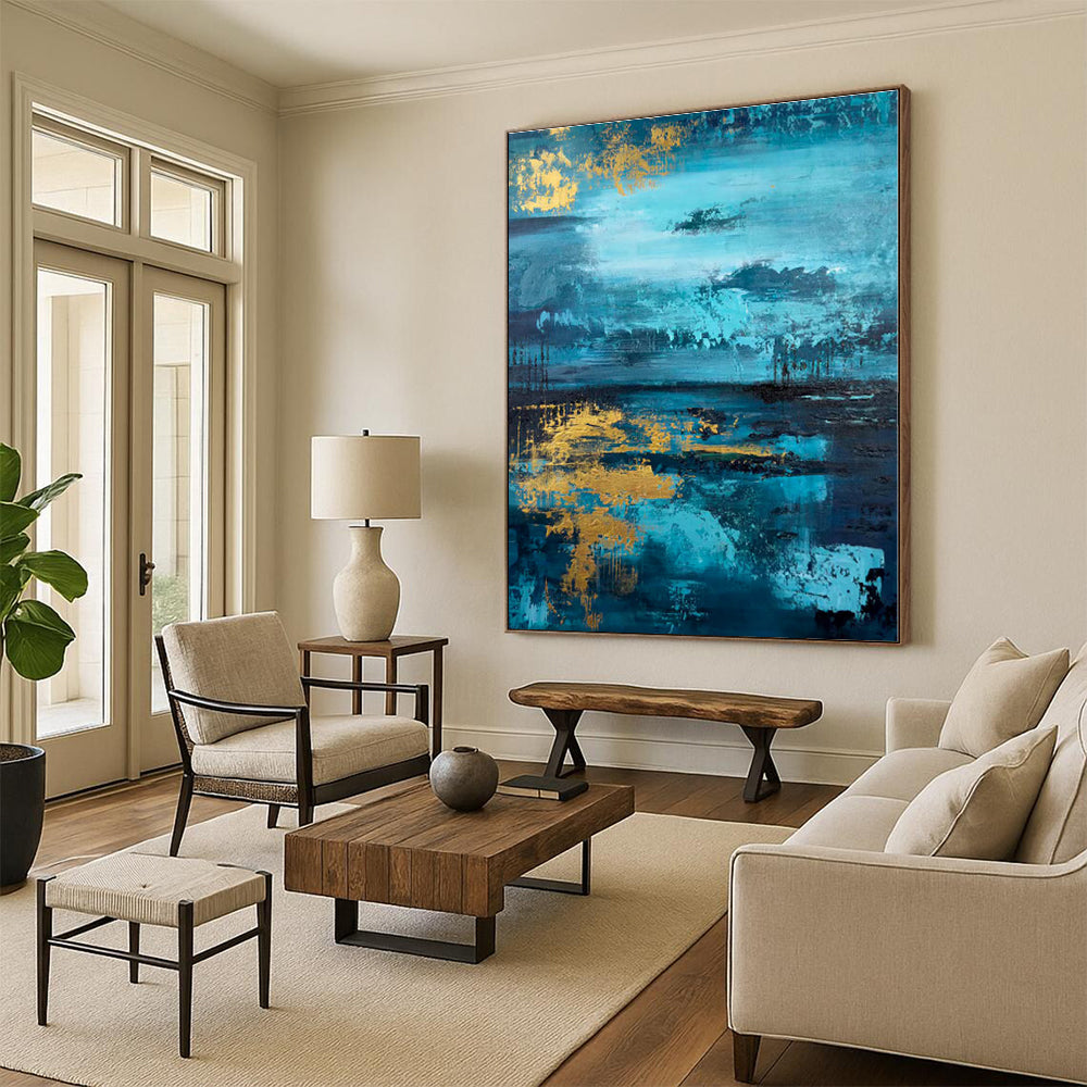 “Teal - Gold Abstract Landscape” - Teal, Gold, Blue Abstract Painting On Canvas PS0446