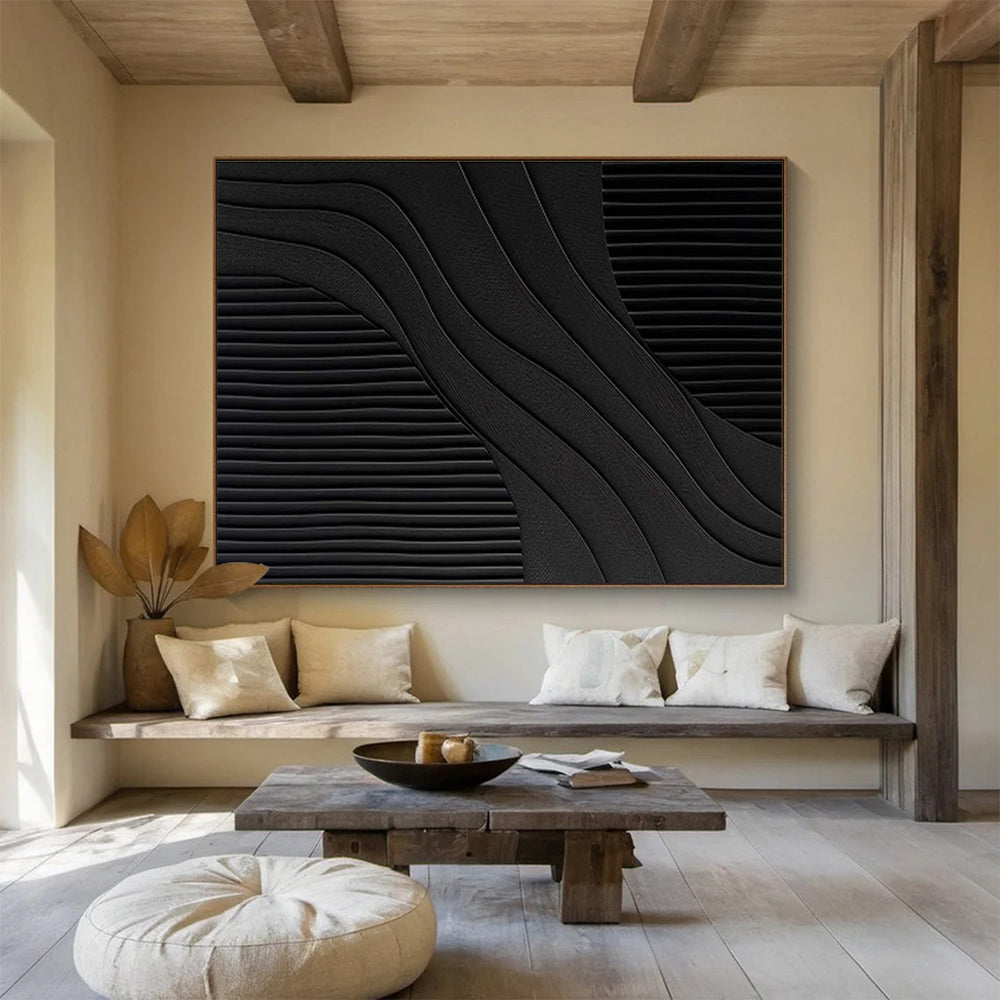 Black Curved and Straight Lines Minimalist Abstract Painting On Canvas DKS098