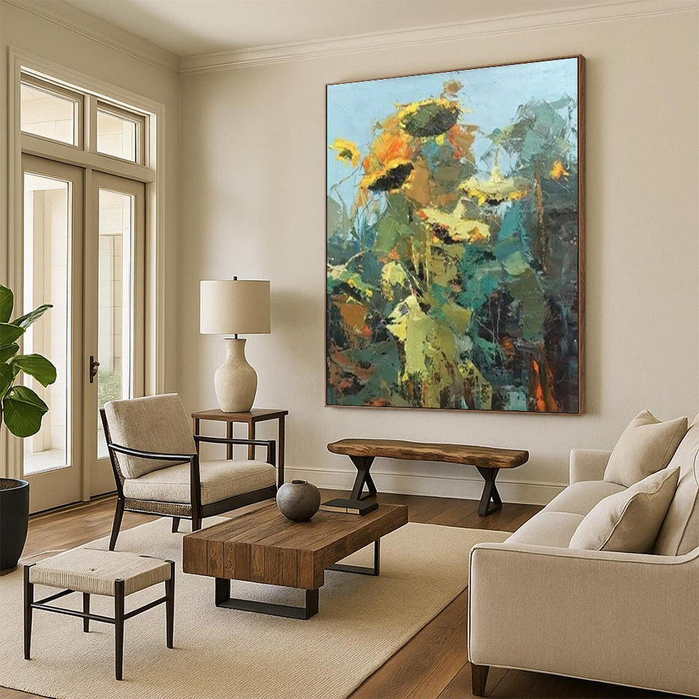 “Impasto Sunflower Abstract” - Yellow, Green Abstract Impressionist Painting On Canvas PS0732