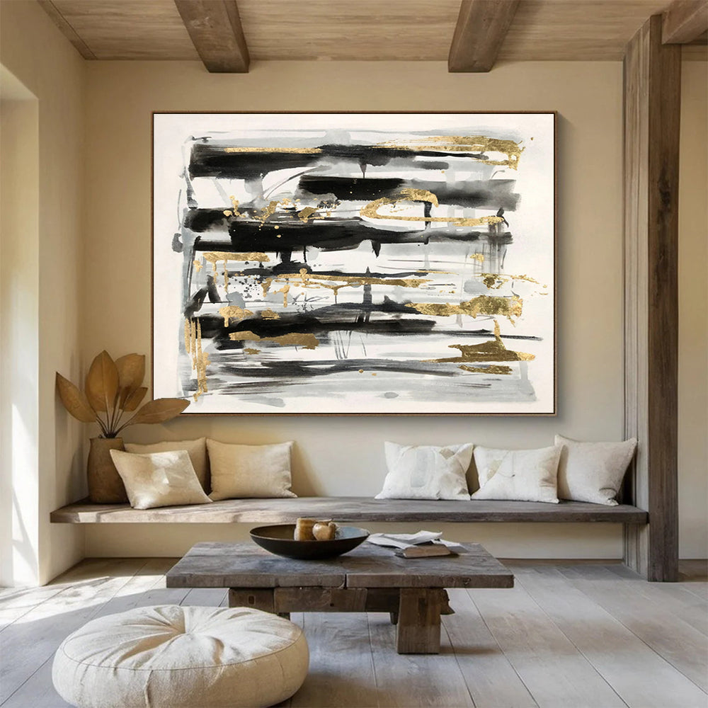 “Black, Gray, and Gold Abstract” - Minimalist Abstract Painting On Canvas DKS846