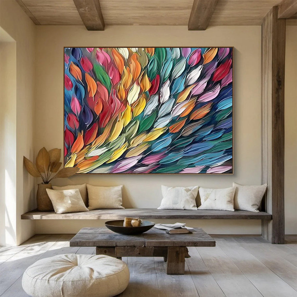 “Colorful Feather Cascade” - Rainbow - Hued Abstract Feathers, Textured Acrylic Painting On Canvas DKS689