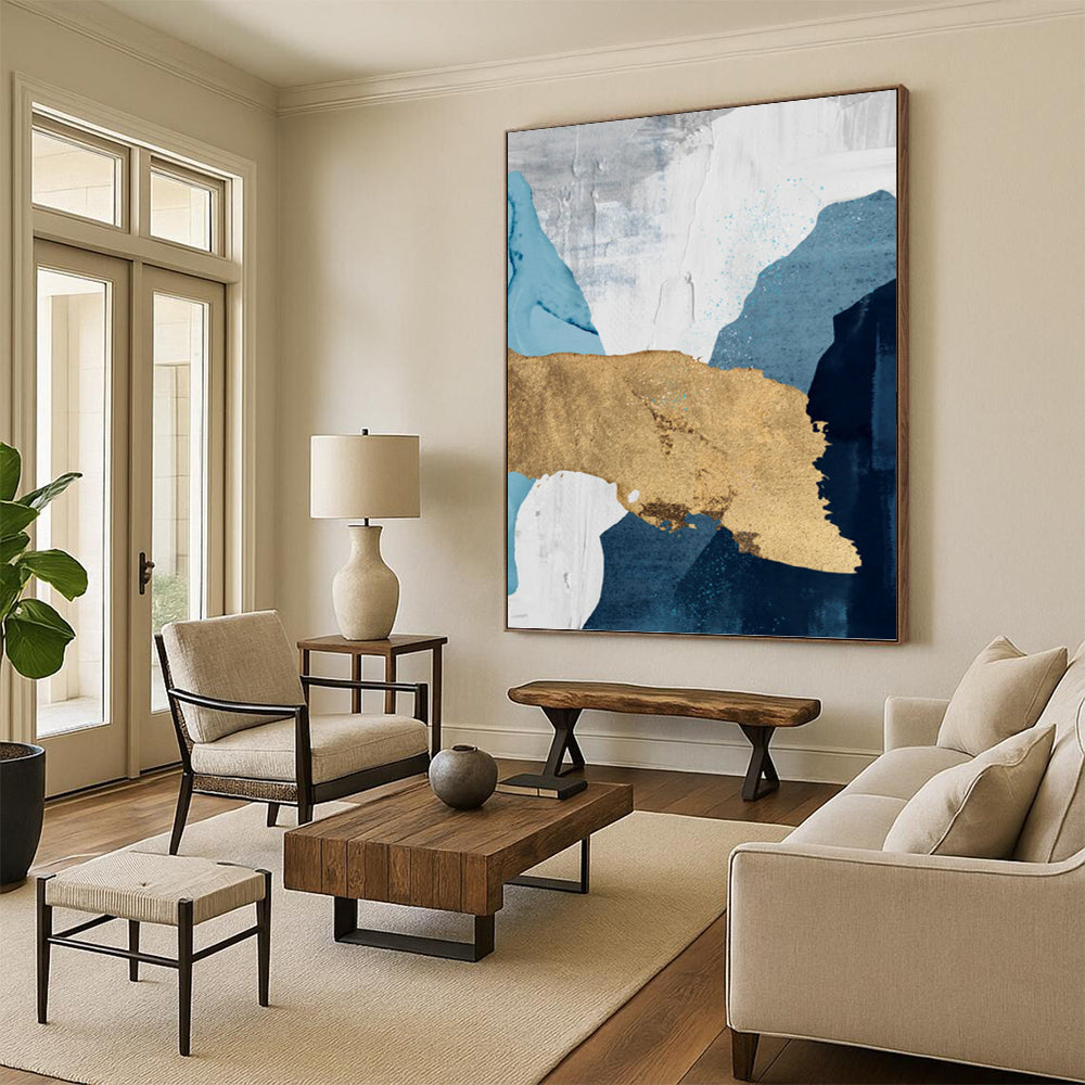 “Blue, White, and Gold Abstract” - Elegant, Metallic - Accented Painting On Canvas PT1527