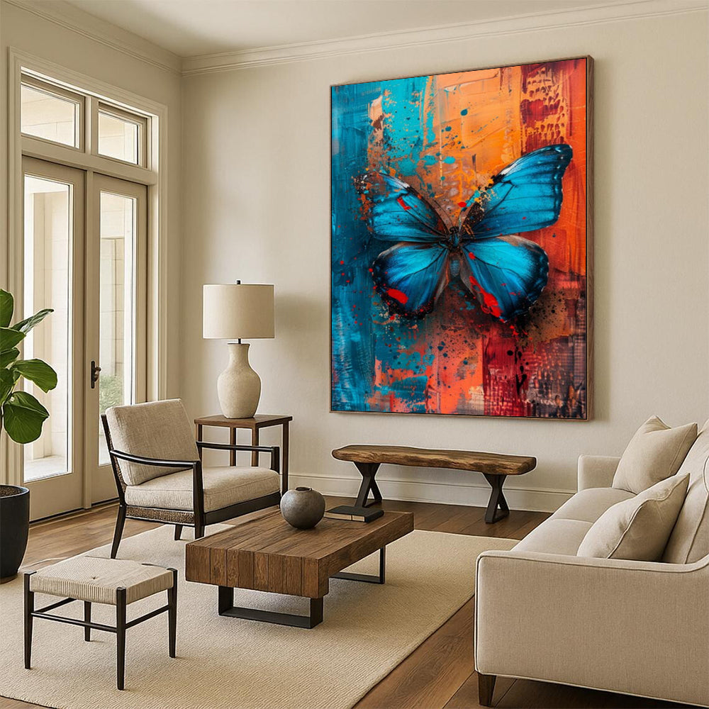 “Colorful Blue Butterfly on Abstract Background” - Mixed - Media Art On Canvas PT2194