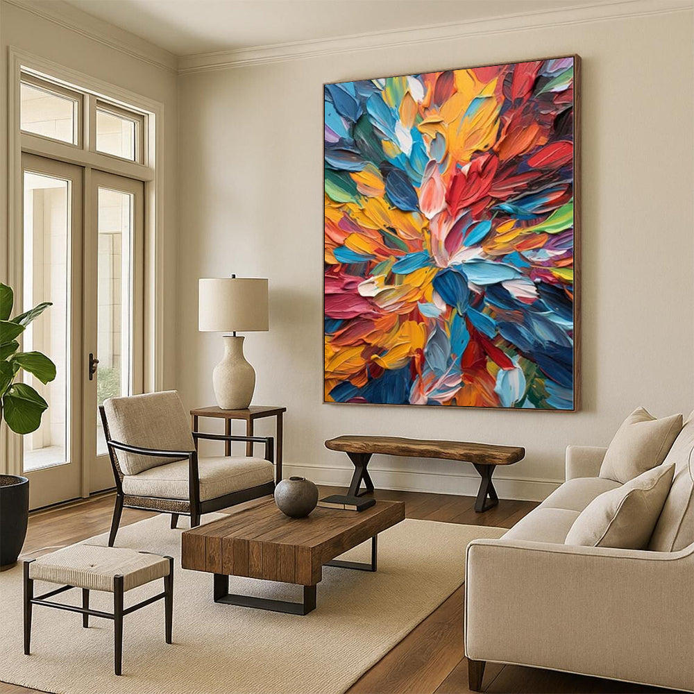 “Textured Floral Burst of Rainbow Colors” - Palette - Knife Abstract Painting On Canvas PS0236