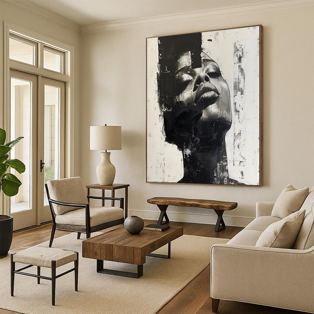 “Abstract Portrait” - Textured Black & White Facial Layers Painting On Canvas DS139