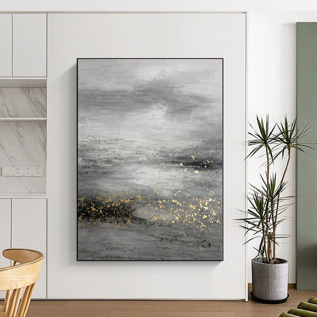 “Grey - Gold Abstract Misty Landscape” - Ethereal Landscape Painting On Canvas PS0345
