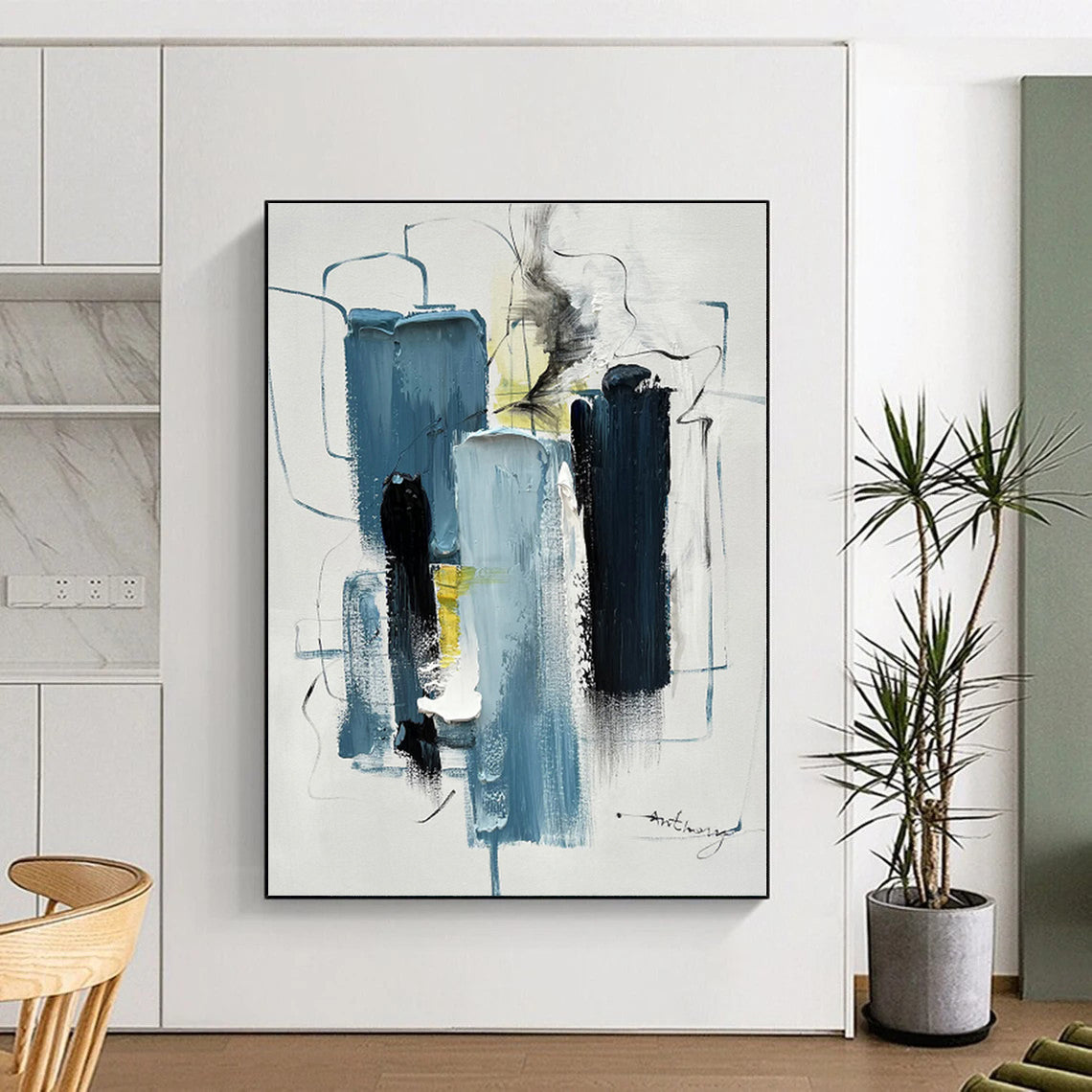 “Blue - Black - Yellow Abstract Forms” - Blue, Black, Yellow, White Abstract Painting On Canvas PS0516