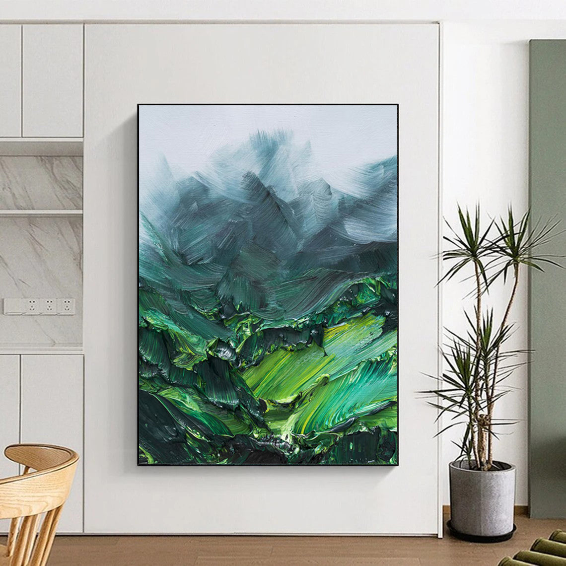 “Green Mountain Textures: Impasto Landscape” - Bold Nature Painting On Canvas PT0944