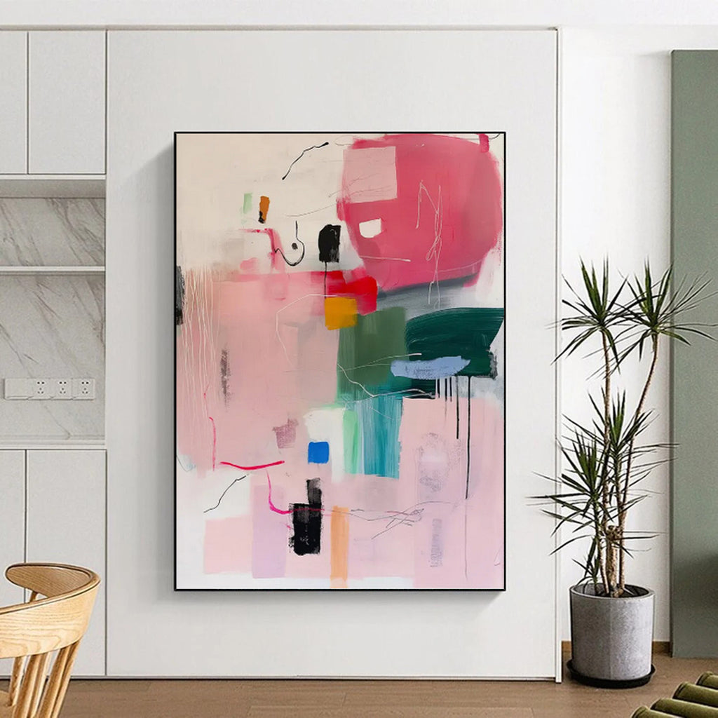 “Pink and Colorful Shapes Abstract” - Energetic Abstract Expressionism On Canvas PT0998